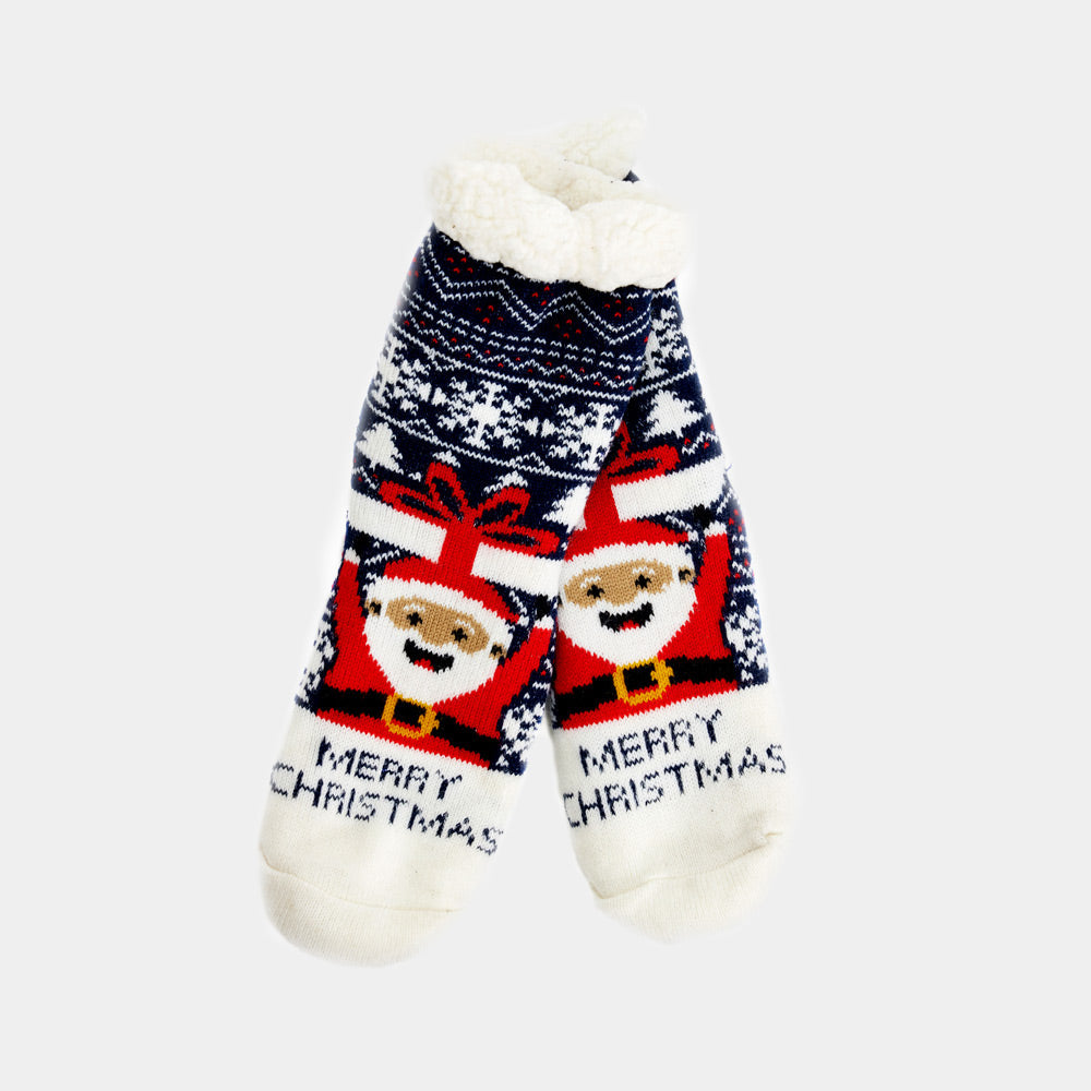 Kuschelige Weihnachtssocken mit Stoppern – Weihnachtsmann und Geschenk