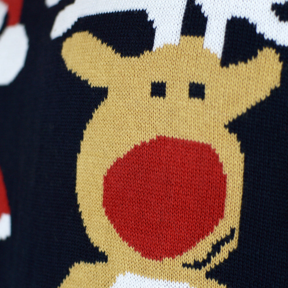 Herren Weihnachtspullover Blau mit Weihnachtsmann Rudolf

