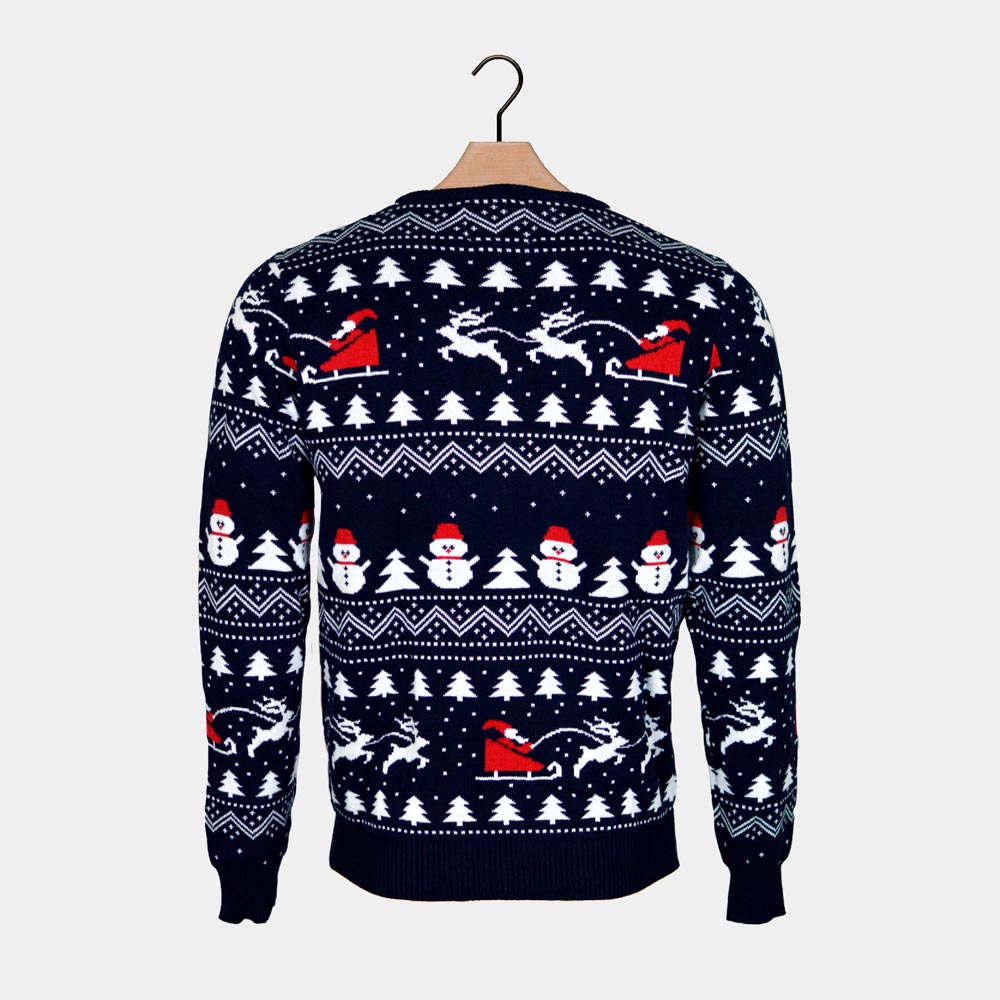 Damen Weihnachtspullover Blau Bäumen, Schneemännern und Weihnachtsmann
