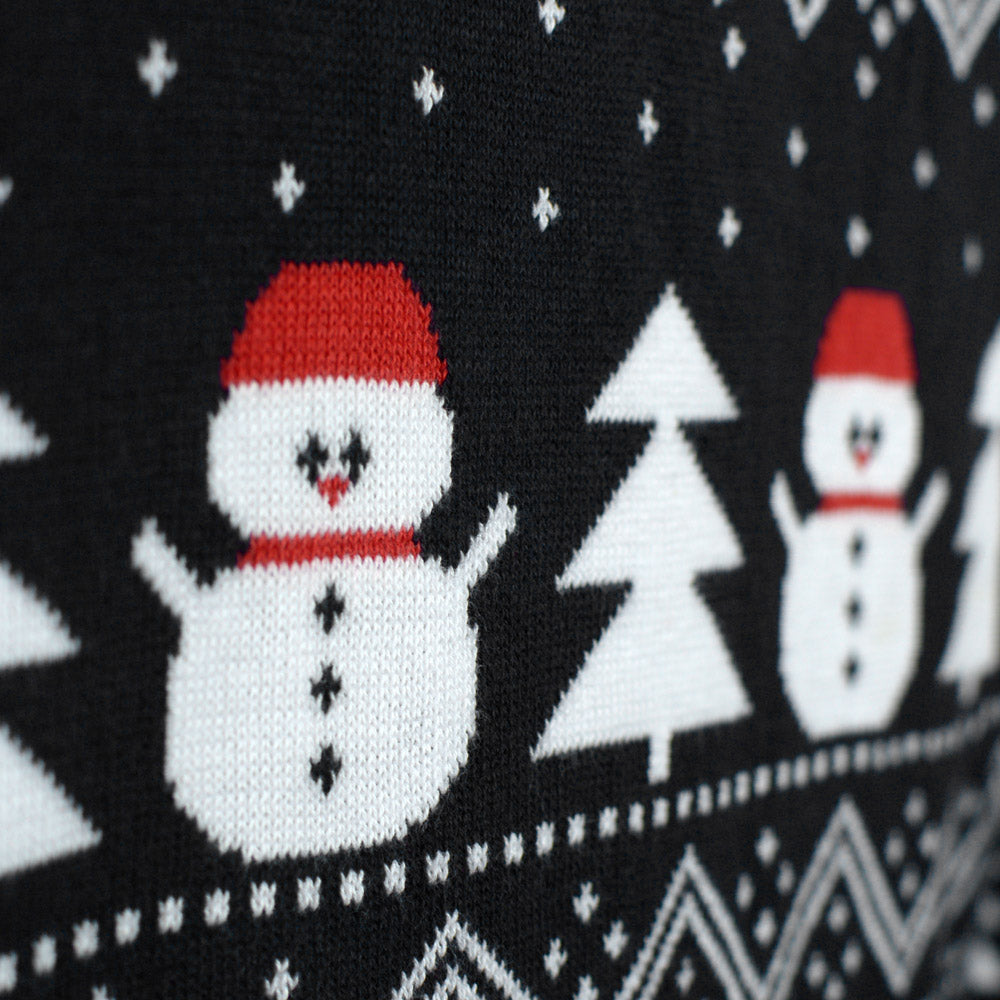 Schwarz Herren Weihnachtspullover mit Bäumen, Schneemännern und Weihnachtsmann
