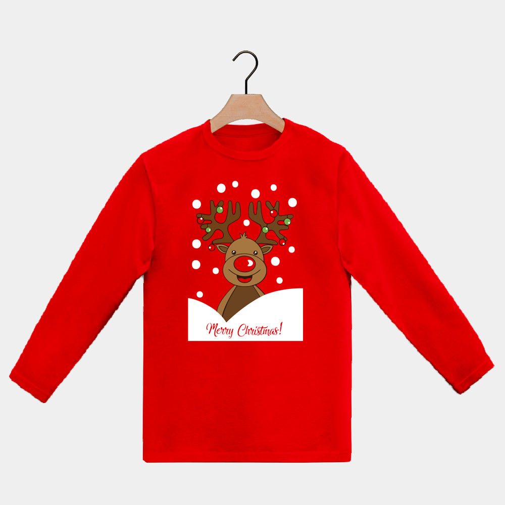 Weihnachts langarm T-shirt in Rot für Damen und Herren mit Rentier Rudolph