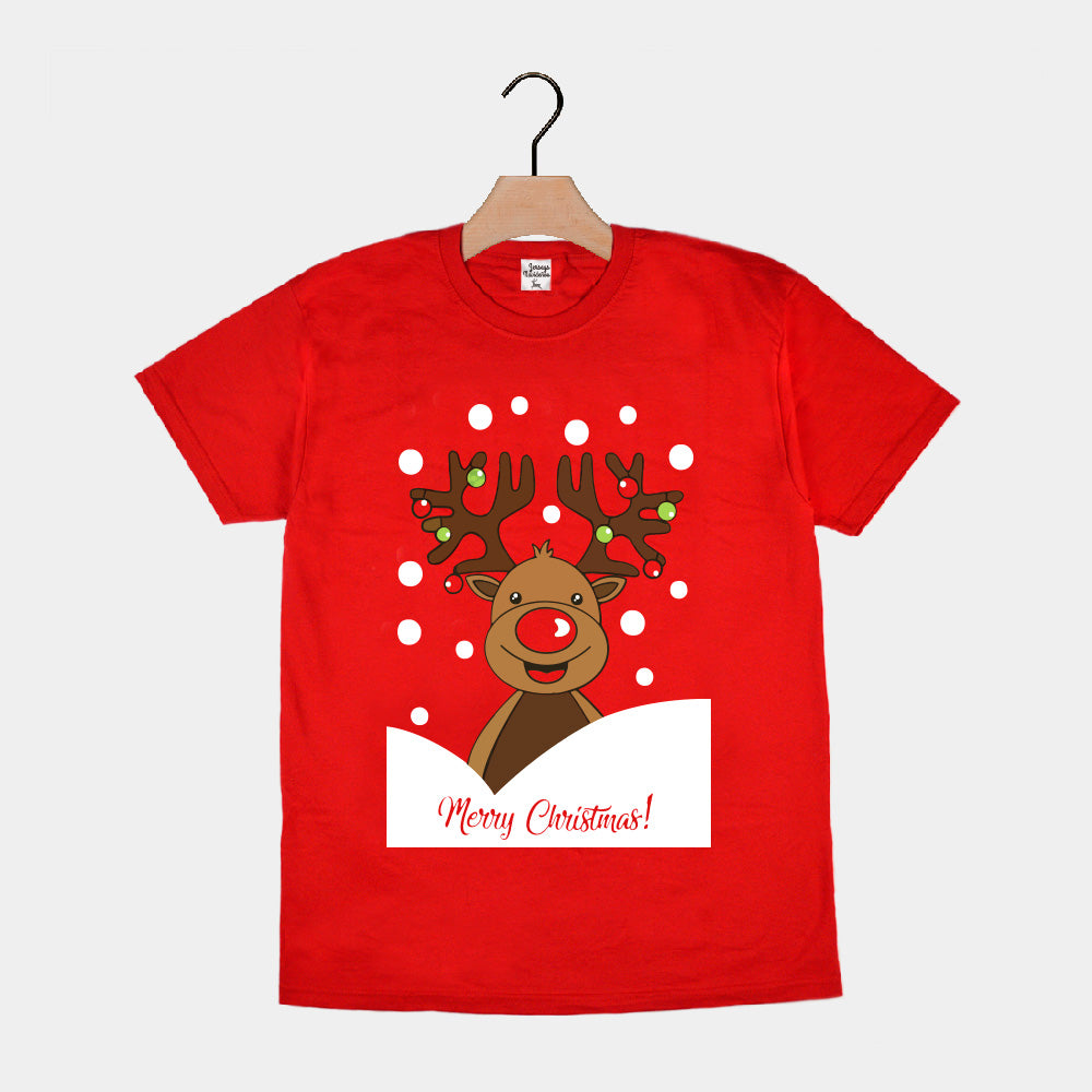 Weihnachts T-shirt in Rot für Damen und Herren mit Rentier Rudolph

