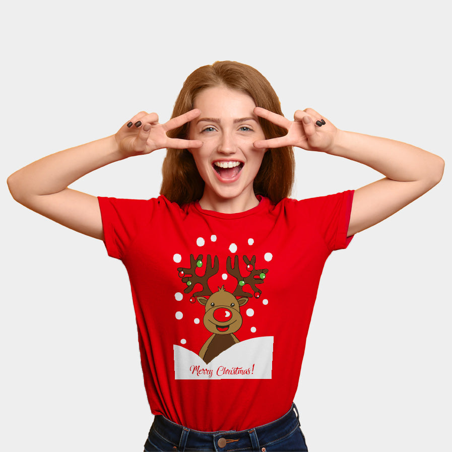 Weihnachts T-shirt in Rot für Damen mit Rentier Rudolph
