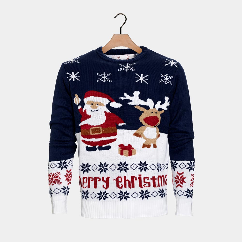  Weihnachtspullover Blau Damen Weihnachtsmann und Rudolf
