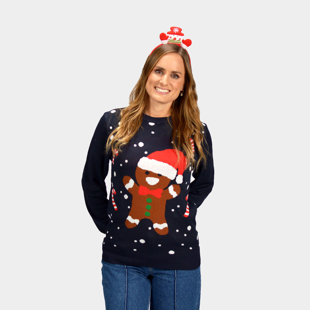 Weihnachtspullover Damen in Blau mit Gingerbread
