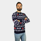 Weihnachtspullover Herren Blau mit Bäumen, Schneemännern und Weihnachtsmann
