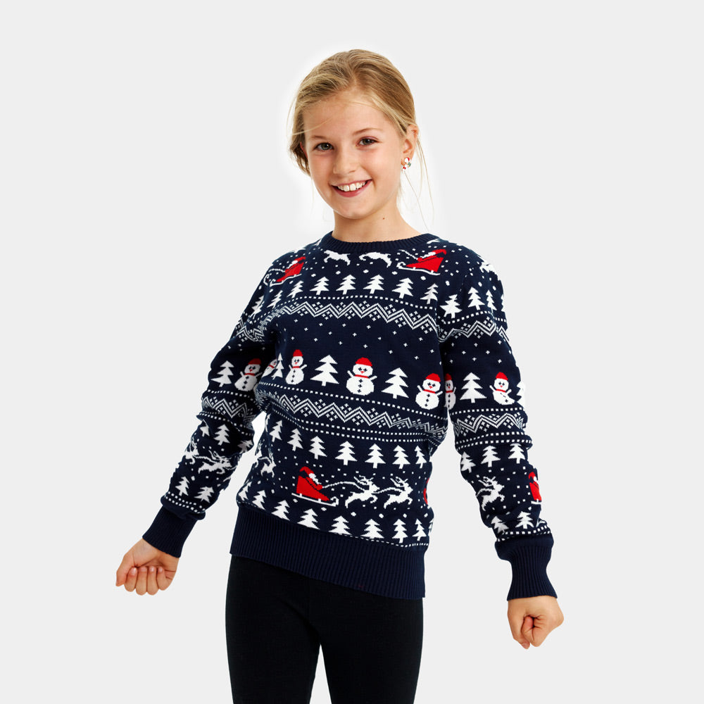 Weihnachtspullover Blau mit Kinder Bäumen, Schneemännern und Weihnachtsmann
