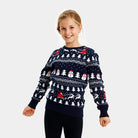 Weihnachtspullover Blau mit Kinder Bäumen, Schneemännern und Weihnachtsmann
