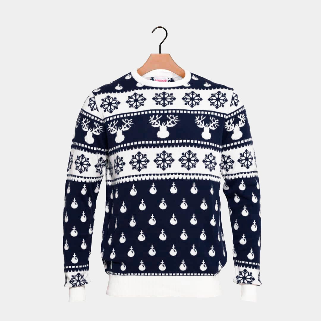 Weihnachtspullover Blau mit Rentieren Herren Schneeflocken
