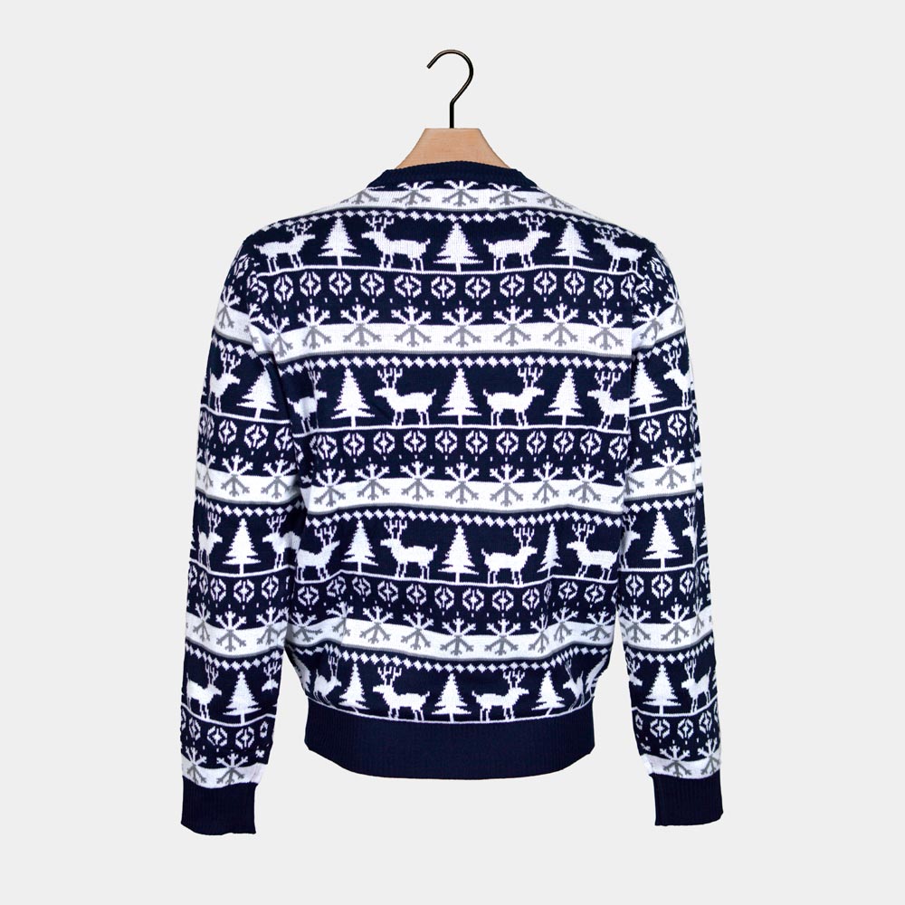 Weihnachtspullover Blau mit Rentieren und Weihnachtsbäumen Herren 
