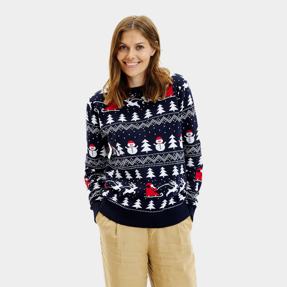 Weihnachtspullover Damen Blau mit Bäumen, Schneemännern und Weihnachtsmann
