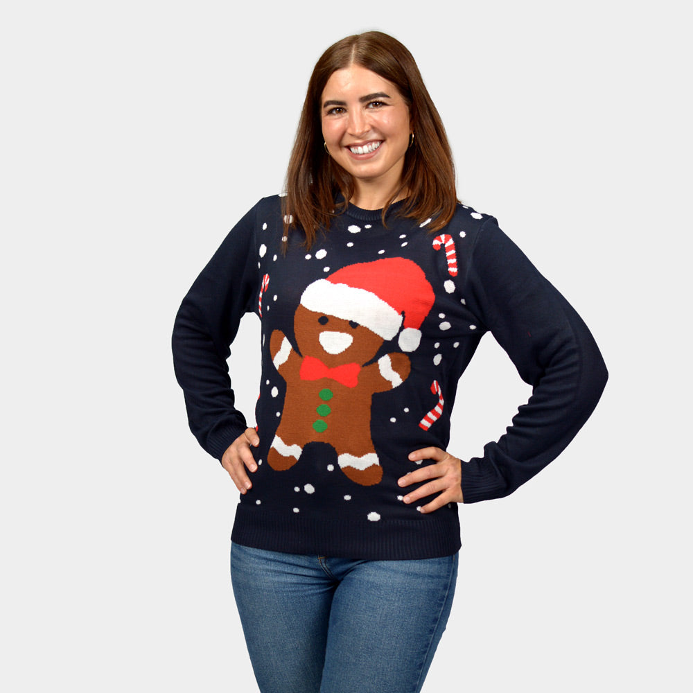 Weihnachtspullover für Damen in Blau mit Gingerbread
