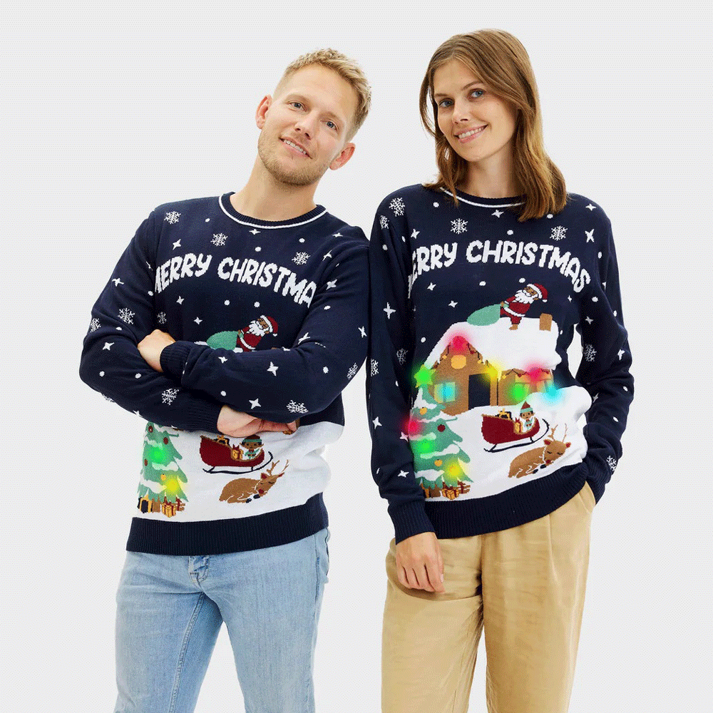Damen Weihnachtspullover mit LED Blau „Merry Christmas“ Herren
