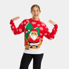 Damen Weihnachtspullover Rot mit Weihnachtsmann und winkendem Rentier
