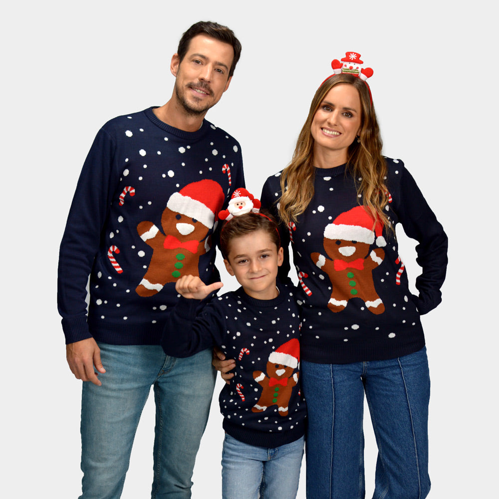 Weihnachtspullover für Familie in Blau mit Gingerbread
