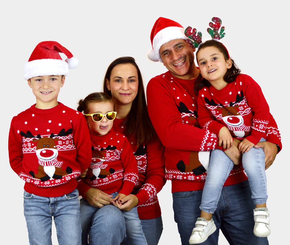 Weihnachtspullover für Familien in Rot Rentier Rudolph mit Halstuch
