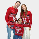 Weihnachtspullover für Familie in Rot Rentier Rudolph mit Halstuch
