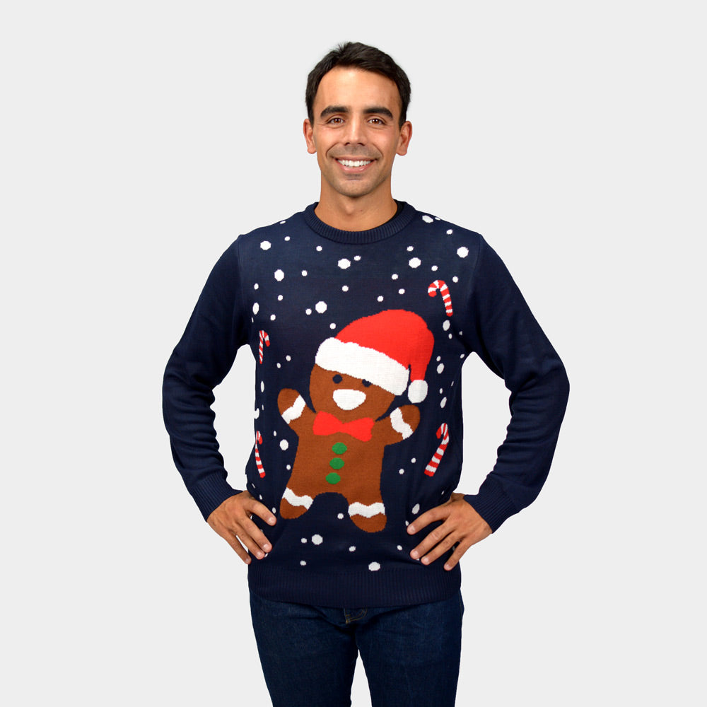 Weihnachtspullover für Herren in Blau mit Gingerbread
