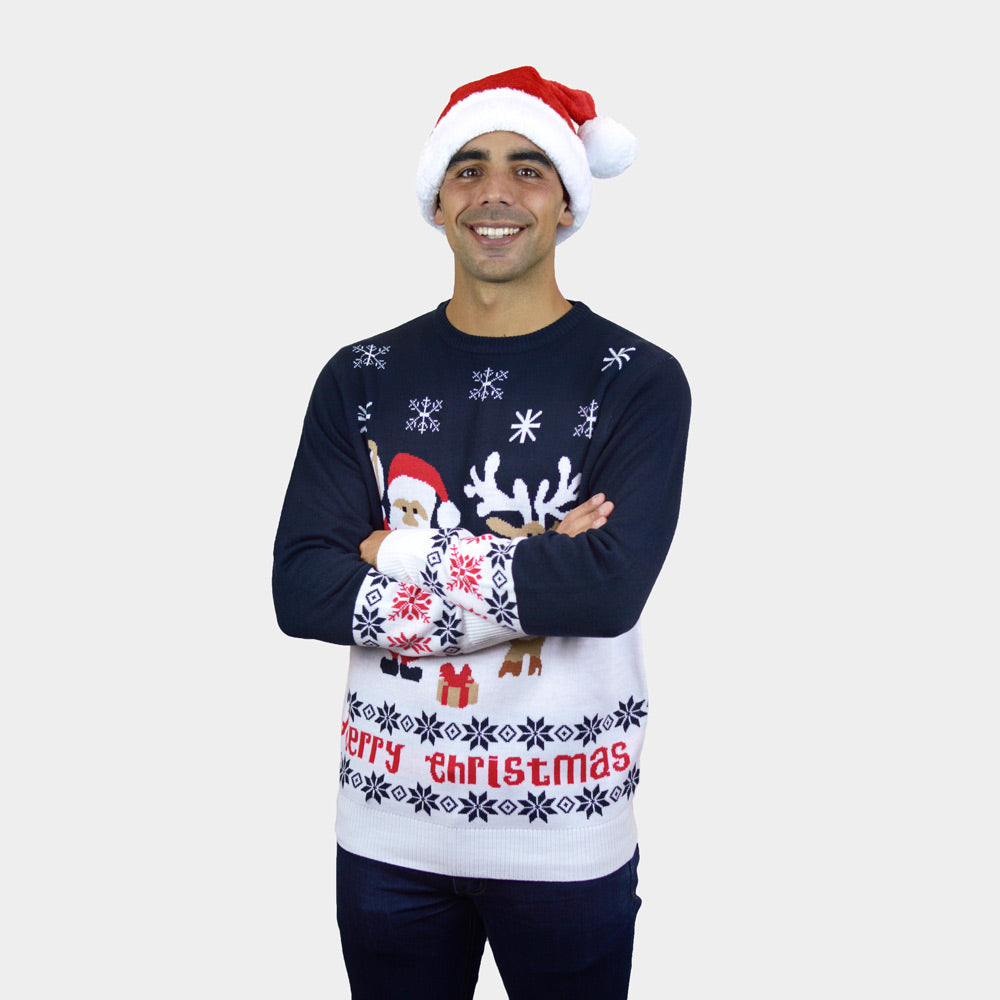 Weihnachtspullover Herren Blau mit Weihnachtsmann und Rudolf
