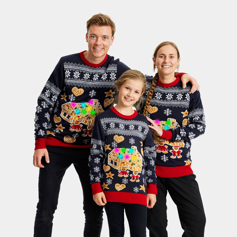Herren Weihnachtspullover mit LED Lebkuchenhaus Familie