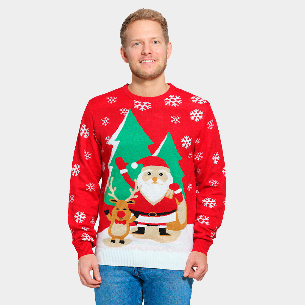 Herren Weihnachtspullover Rot mit Weihnachtsmann und winkendem Rentier
