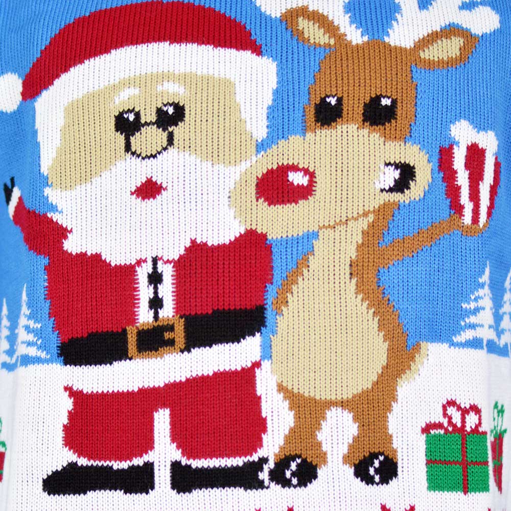 Herren Weihnachtspullover Blau mit Weihnachtsmann Rudolf
