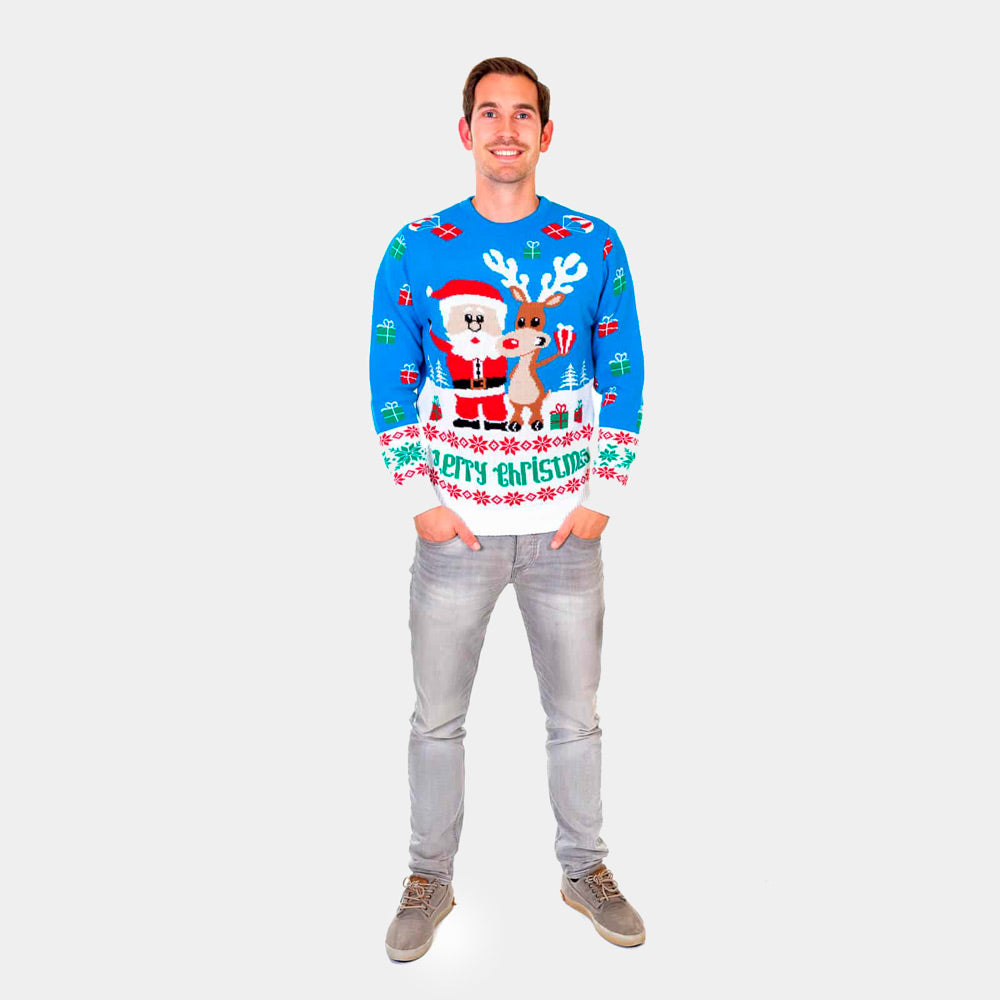 Herren Weihnachtspullover Blau Weihnachtsmann und Rudolf
