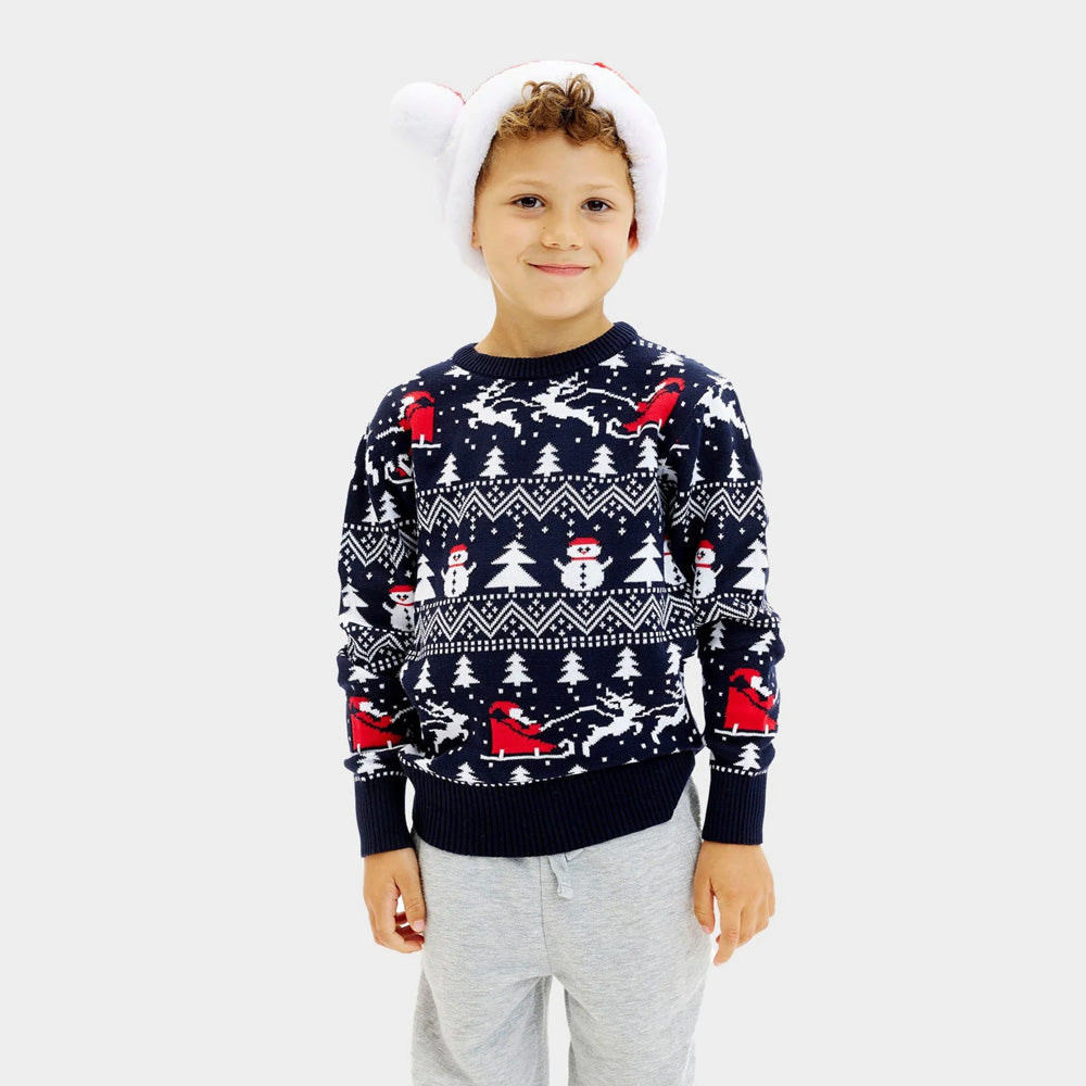 Weihnachtspullover Kinder Blau mit Bäumen, Schneemännern und Weihnachtsmann

