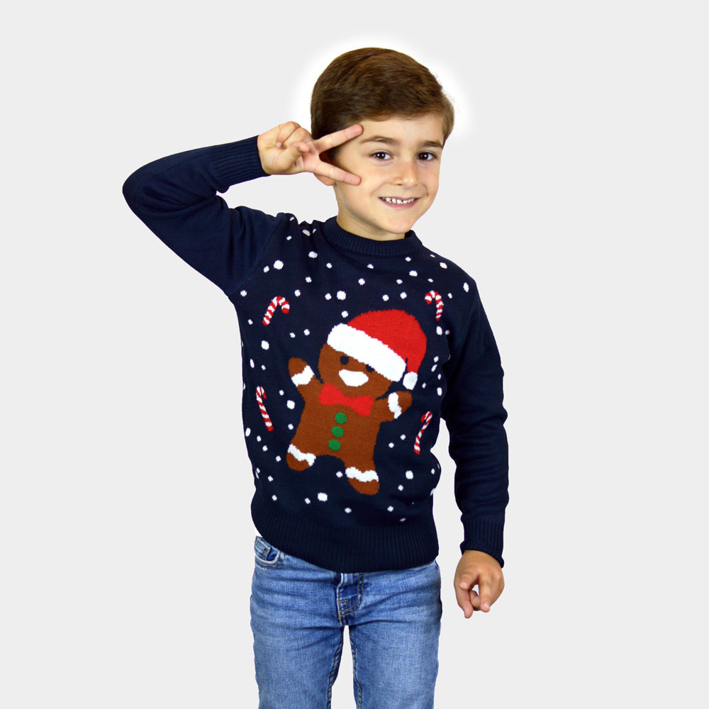 Weihnachtspullover für Kinder in Blau mit Gingerbread
