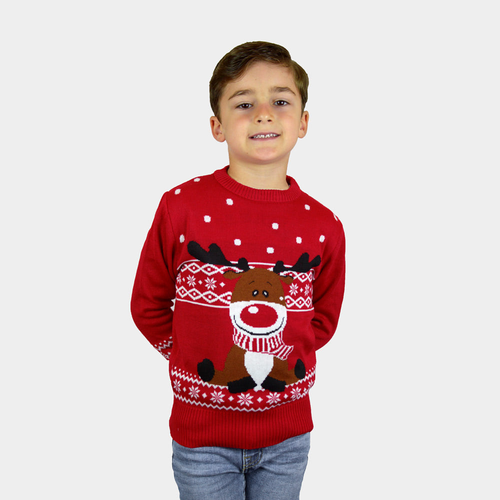 Weihnachtspullover für Kinder in Rot Rentier Rudolph mit Halstuch
