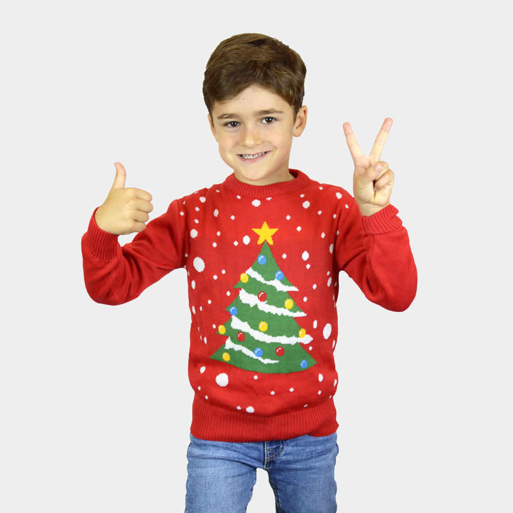 Weihnachtspullover für Kinder in Rot mit Weihnachtsbaum

