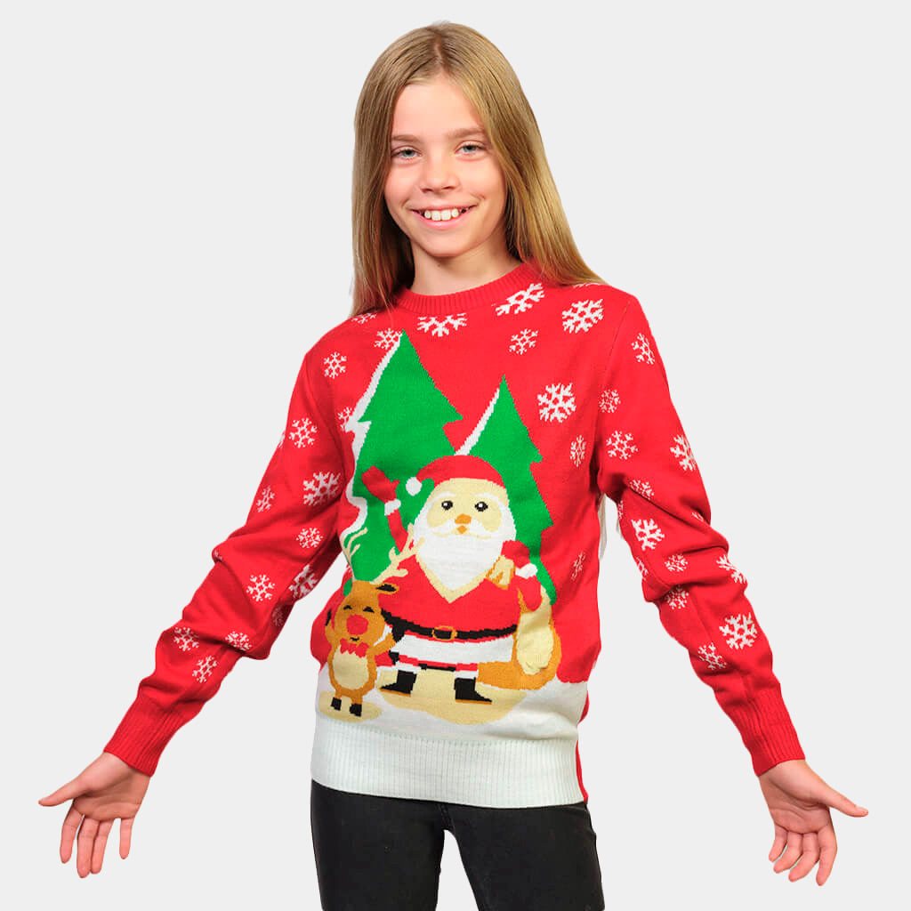 Kinder Weihnachtspullover Rot mit Weihnachtsmann und winkendem Rentier

