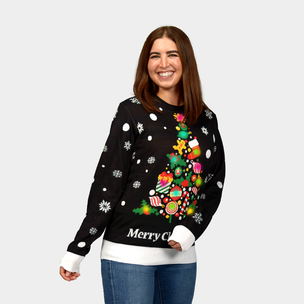 Weihnachtspullover mit LED Schwarz "Merry Christmas" Damen 
