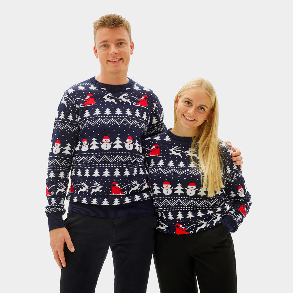 Weihnachtspullover für Paare Blau mit Bäumen, Schneemännern und Weihnachtsmann
