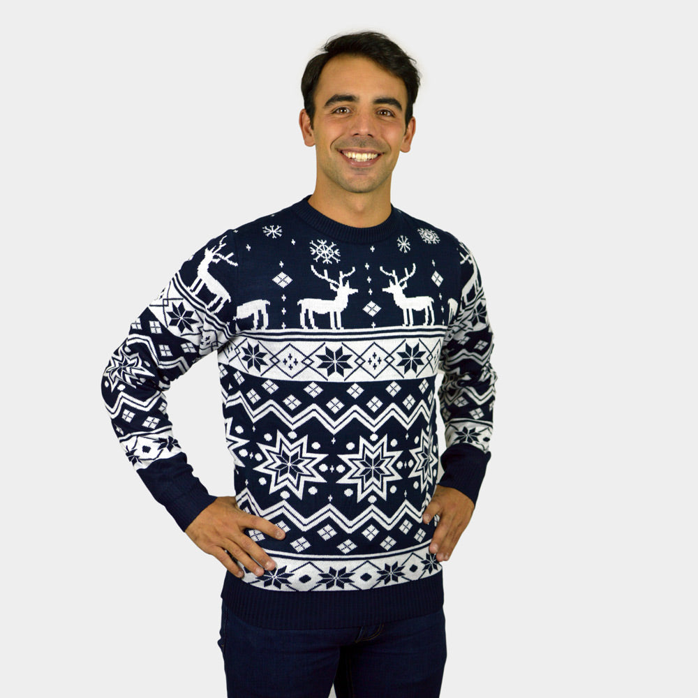 Weihnachtspullover für Paare Blau mit Nordische Sternen und Rentieren Herren
