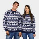 Weihnachtspullover für Paare Blau mit Rentieren und Weihnachtsbäumen
