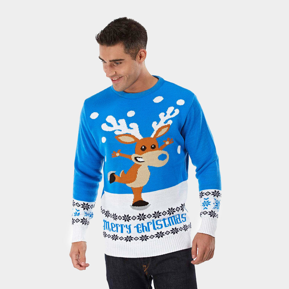 Weihnachtspullover für Paare Blau mit Schlittschuh-Rentier Herren
