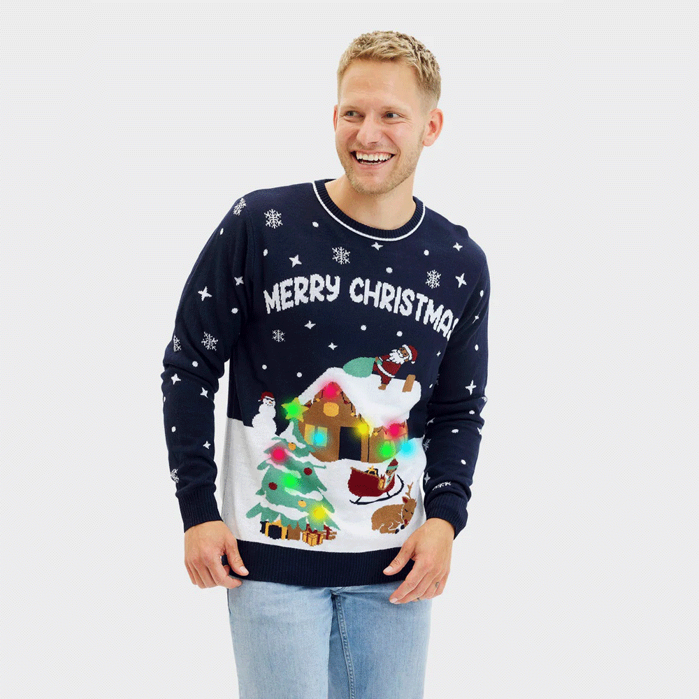Weihnachtspullover Herren Paare mit LED Blau „Merry Christmas“
