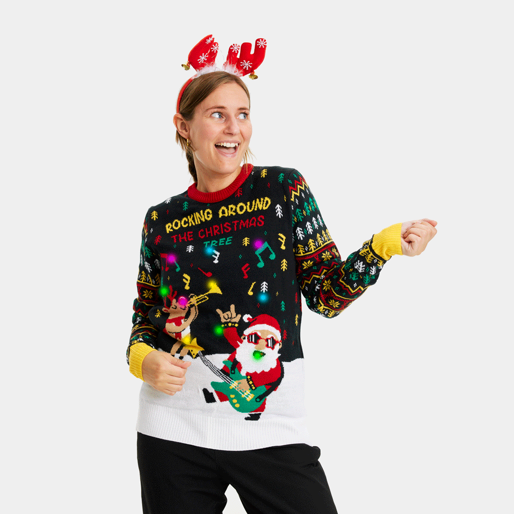 Weihnachtspullover für Paare mit LED Rocker-Santa Damen
