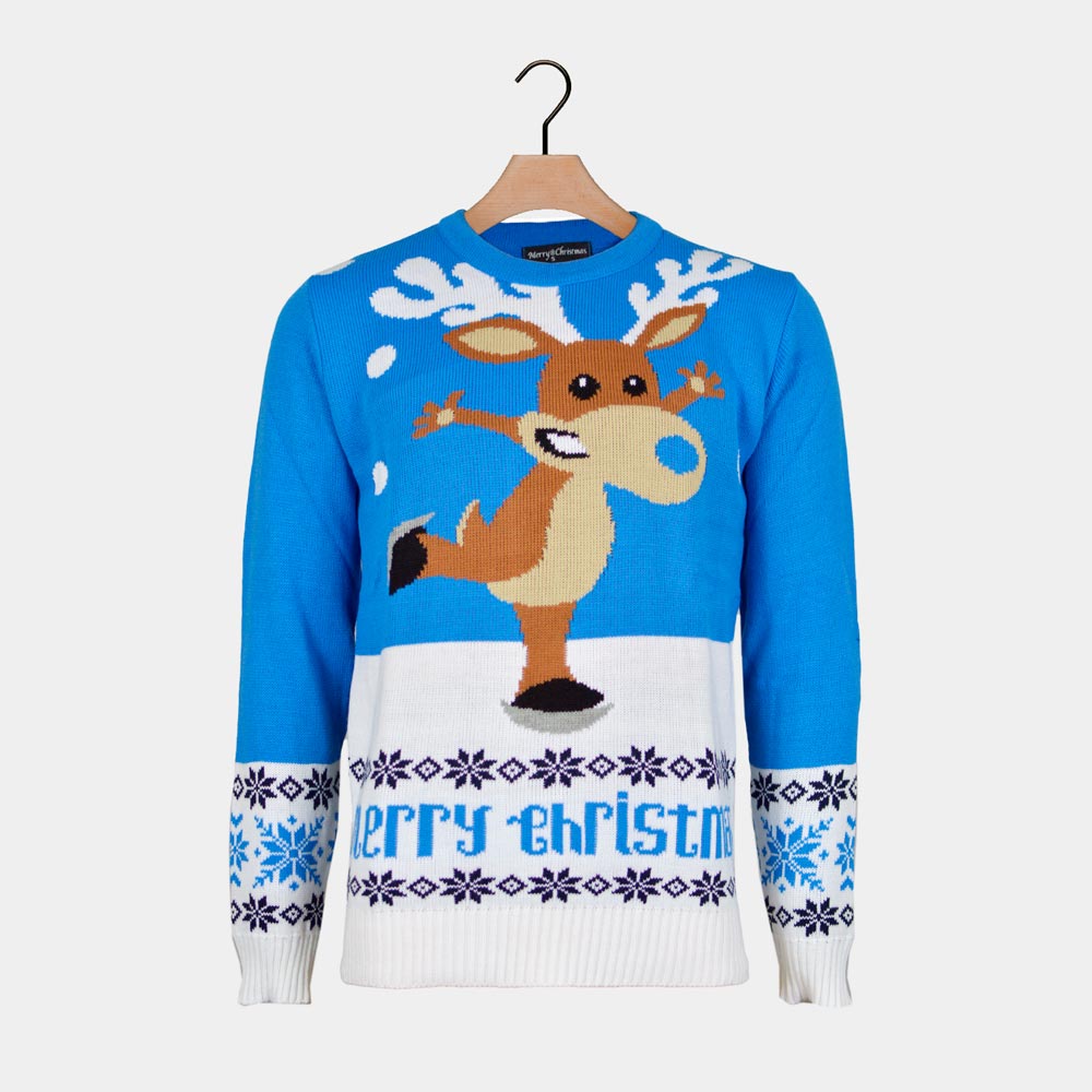 Weihnachtspullover für Paare Blau Schlittschuh-Rentier
