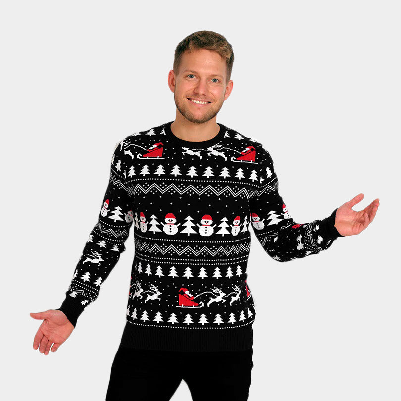 Weihnachtspullover für Paare Schwarz mit Bäumen, Schneemännern und Weihnachtsmann Herren
