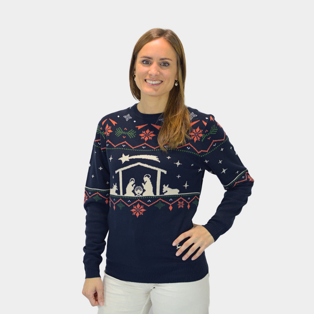 Weihnachtspullover für Paare Blau Weihnachtskrippe Damen
