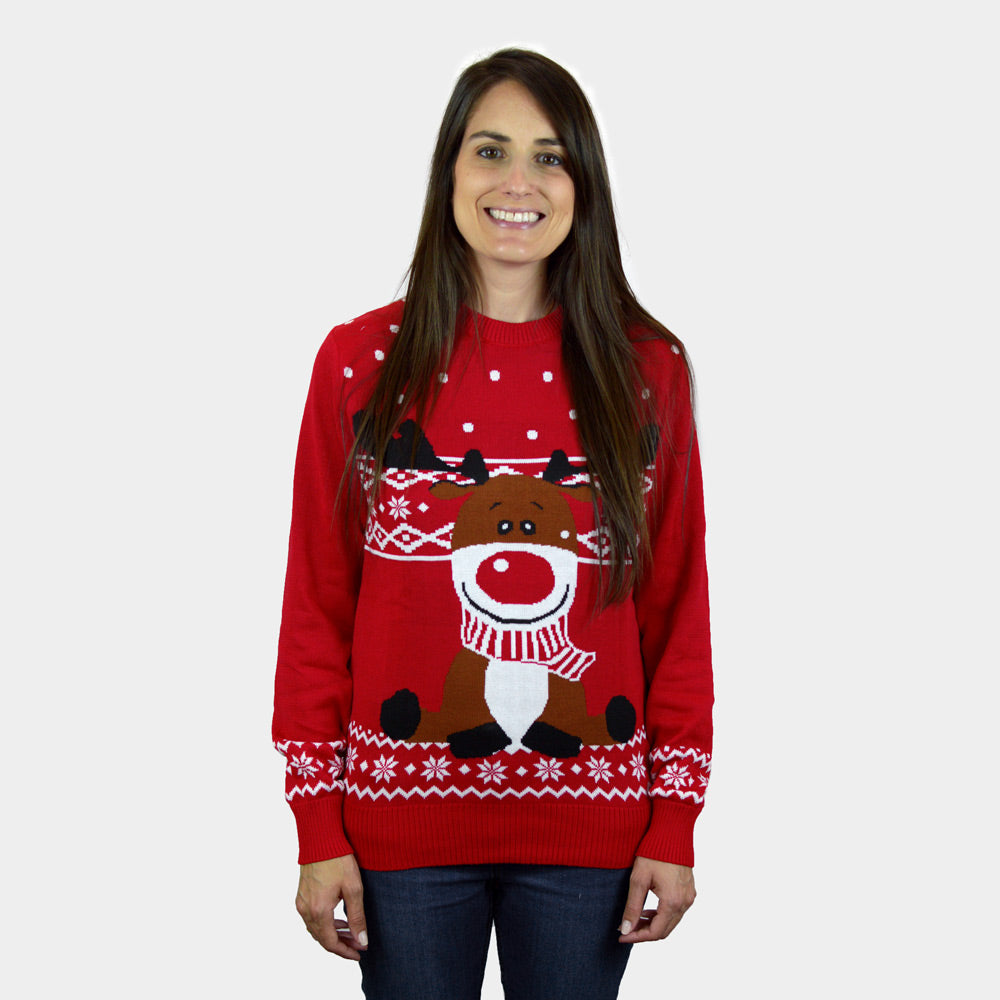 Weihnachtspullover Damen in Rot Rentier Rudolph mit Halstuch
