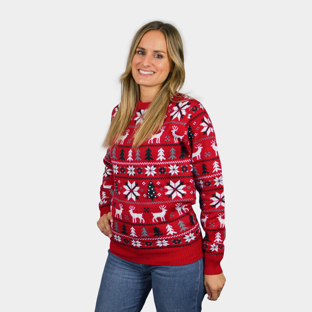 Weihnachtspullover Rot Sternen Rentieren Weihnachtsbäumen Damen 
