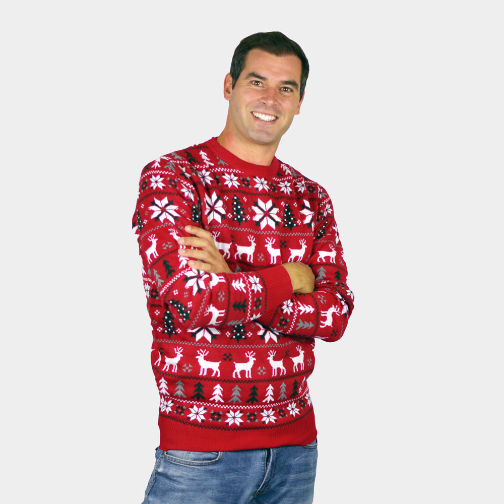 Weihnachtspullover Rot Sternen  Herren Rentieren Weihnachtsbäumen
