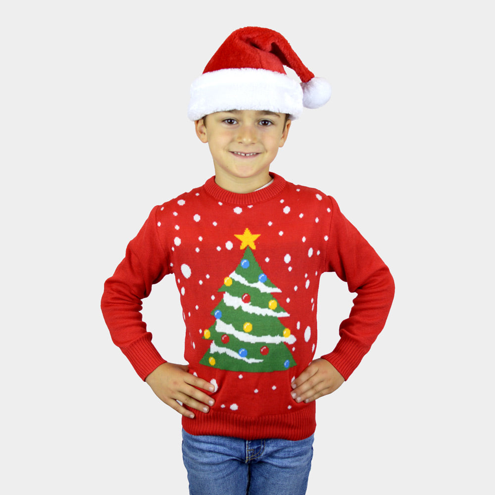 Weihnachtspullover Kinder in Rot mit Weihnachtsbaum
