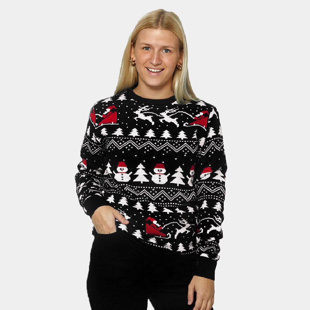 Weihnachtspullover Schwarz mit Bäumen, Schneemännern und Weihnachtsmann Damen 