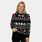 Weihnachtspullover Schwarz mit Bäumen, Schneemännern und Weihnachtsmann Damen 