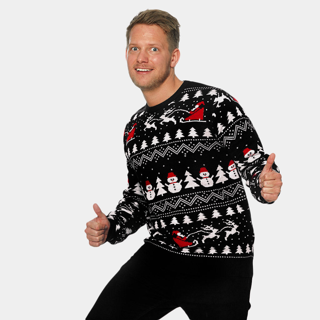 Weihnachtspullover Schwarz mit Bäumen, Schneemännern und Weihnachtsmann Herren 
