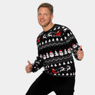 Weihnachtspullover Schwarz mit Bäumen, Schneemännern und Weihnachtsmann Herren 
